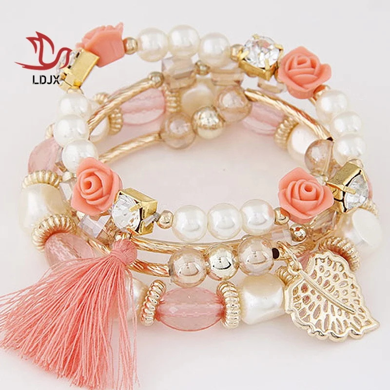 

LDJX-J06 Silver bracelet Wholesale Plastic Bracelet Multi Layer Bead with Charm Bangle Pulseira Bracelet for Girl and Female