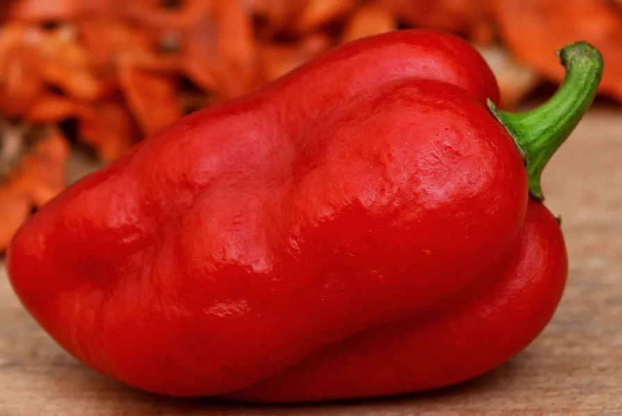 Close-up view of a Carolina Reaper pepper showing its distinctive red color and bumpy texture with small stinger-like tail