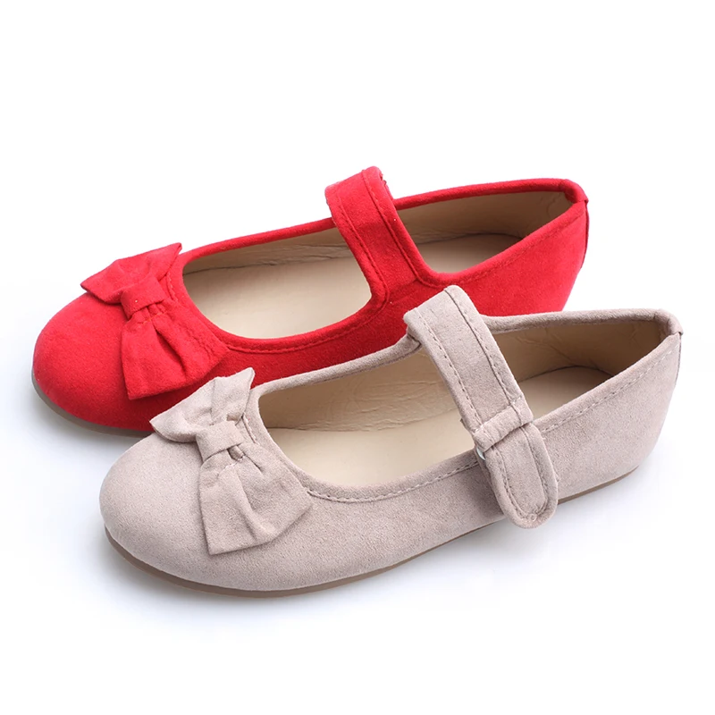 

Girls spring causal microfiber upper big cute bow ankle strap buckle soft insole flat ballet shoes, Beige/red