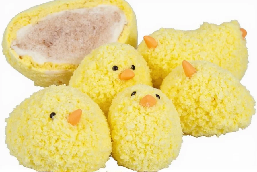 Close-up photo of Peeps Cinnamon Churro Marshmallow Chicks showing their pastel colors and cinnamon sugar coating on white background