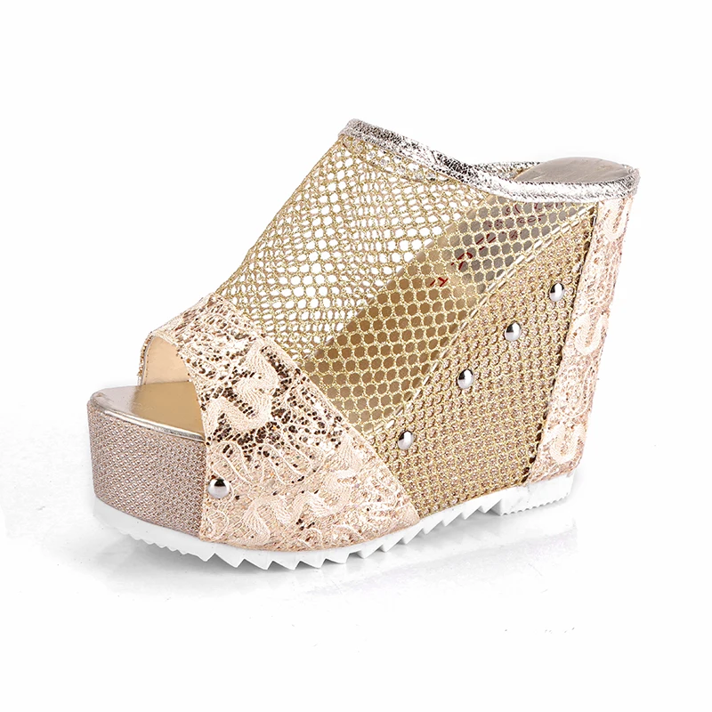 

Slip On 35-39 new sexy slippers women's summer 2021 PU high heel hollow out gold wedges fashion ladies casual shoes