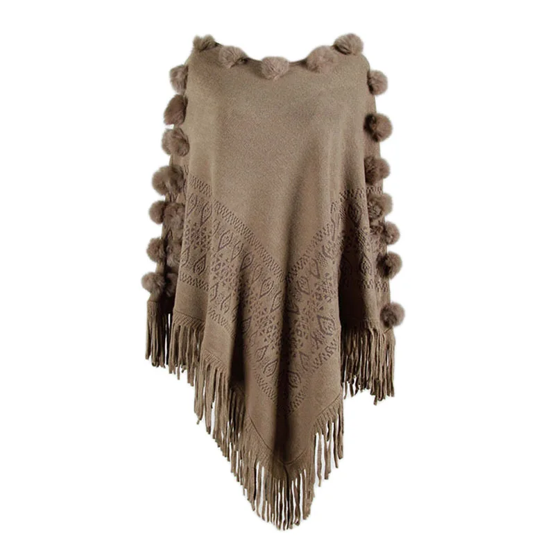 

autumn casual oversize Fringed cloak shawl hair ball round neck solid distressed cape sweater women tassel vongue tops