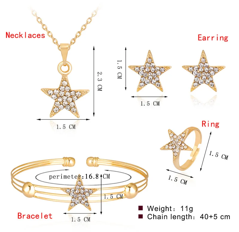 

fashion gold plated star jewelry set wholesale wedding stud necklace earring bracelet set