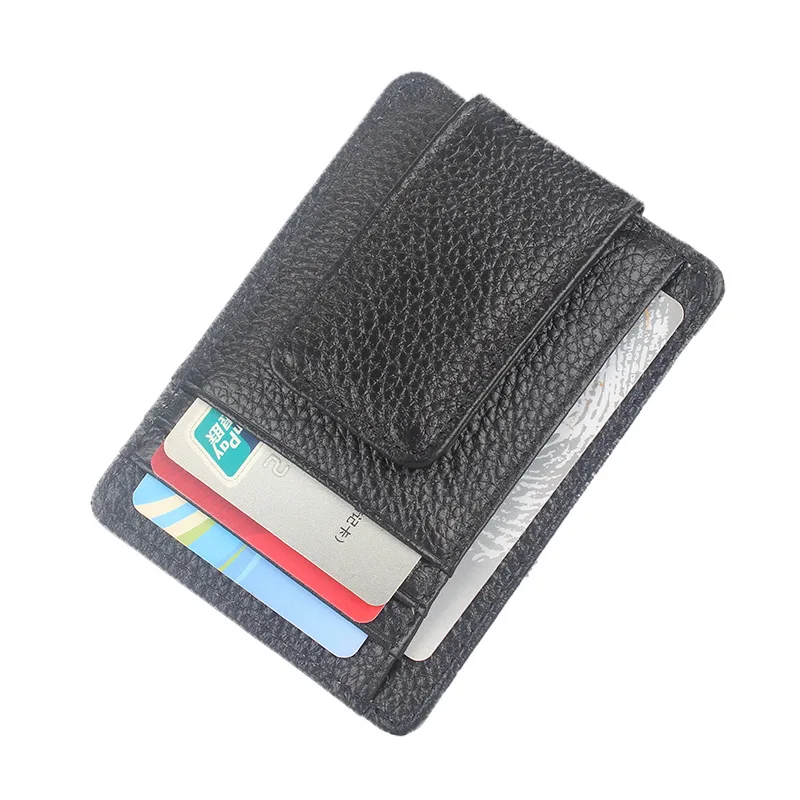 

LCH-013 New Black Genuine Leather Credit Card Bag Sleeve RFID Blocking US dollar Wallet with Magnetic Buckle Card Holder