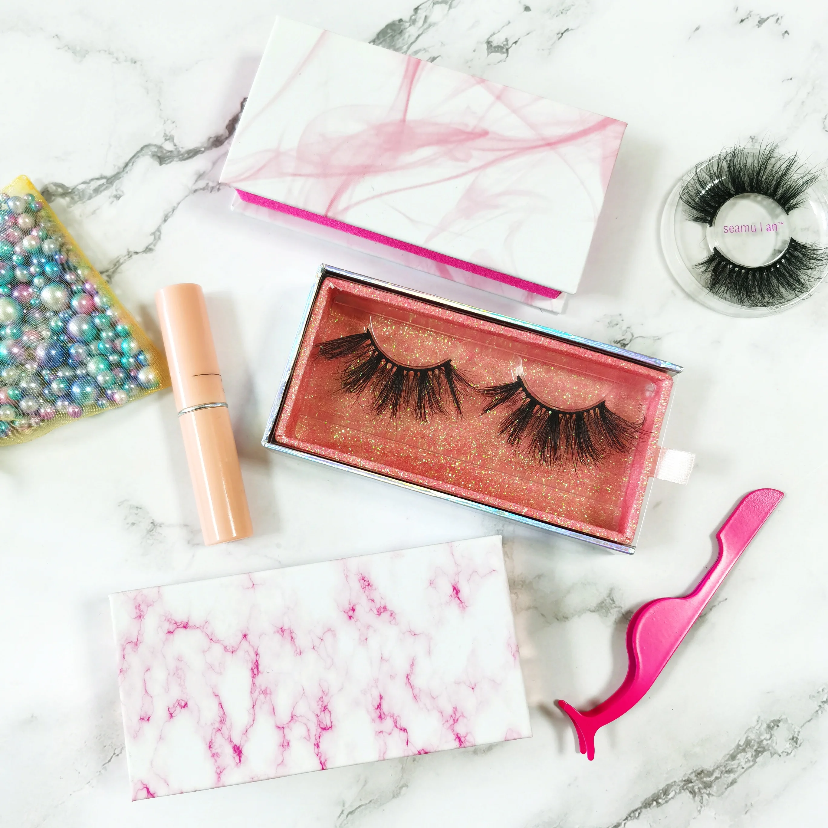 

luxury fluffy 25mm 3D mink strip lashes with private label custom packaging box