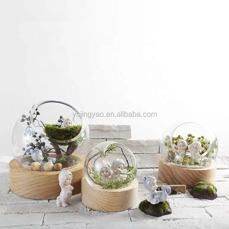 

Custom hot sale flat borosilicate clear round glass globe terrarium with wooden base