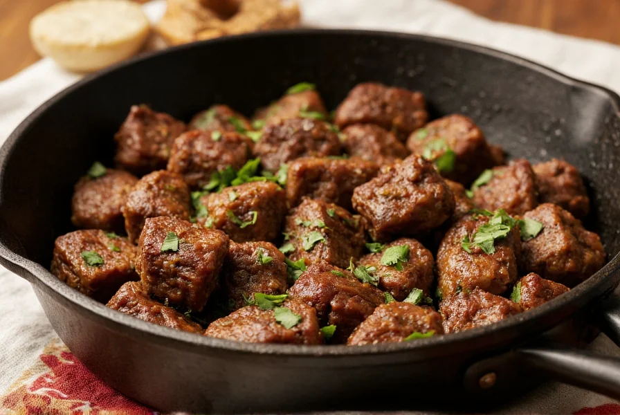 Close-up of perfectly seared cumin lamb cubes in cast iron pot with fresh herbs