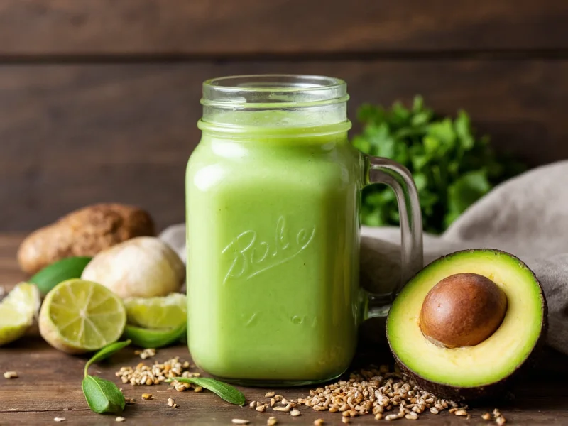 Vibrant green metabolism protein shake in mason jar with ingredients