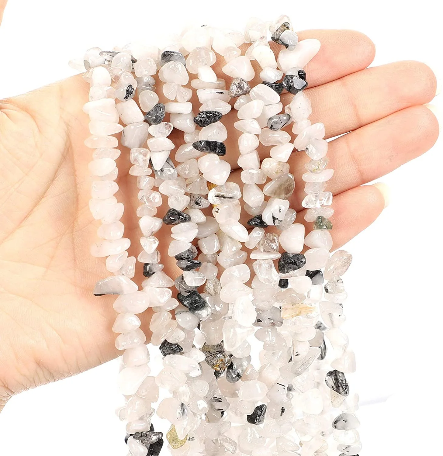 

Raw smooth healing gemstone black hair quartz crystal chips strand beads