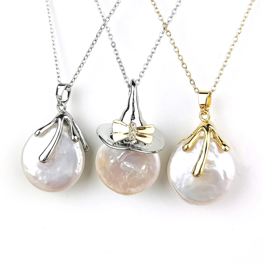 Latest Design Fine Jewelry Coin Pearl Pendant Witch Hat Branch Charms Necklace Women Natural Pearl Stainless Steel Chain Jewelry