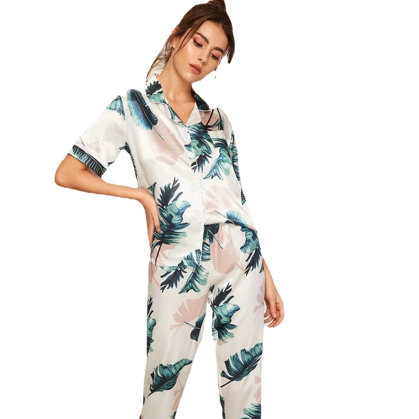 

Korean Cotton Pyjama Luxury Silk Two Piece Woman Satin Sleepwear