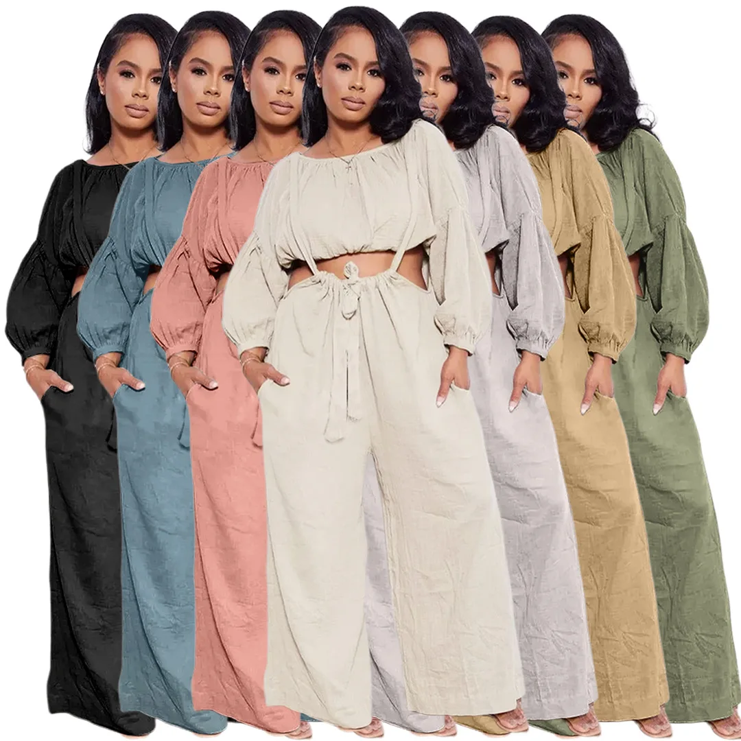 

2021 R09137 pants and crop top fashion solid slip wide leg bandage stack women two piece set clothing