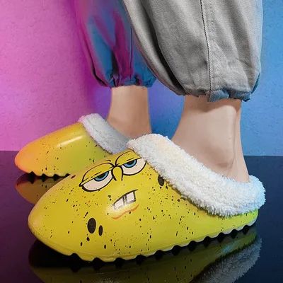 

Factory Custom Winter Warm Unisex Slide Cartoon Printed Plush Indoor Waterproof Round Toe Warm Slippers