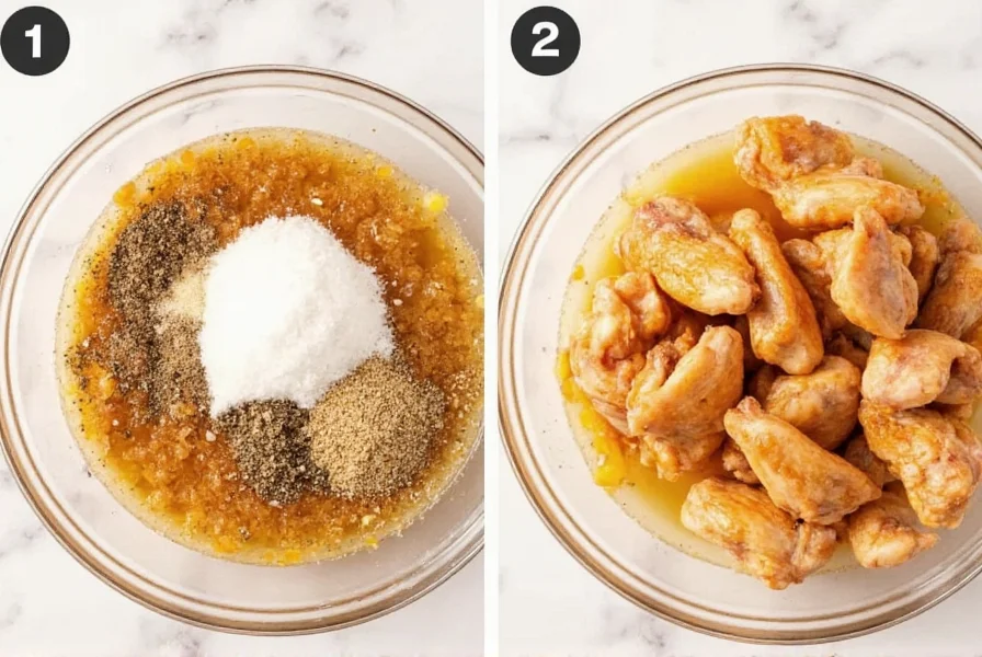 Step-by-step preparation of lemon pepper wings showing seasoning mixture and tossing technique