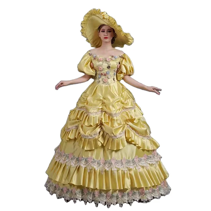 

Blue And Yellow Flower Baroque Rococo Dress 19th Century Civil War Ball Gown Reenactment Theatre Costume