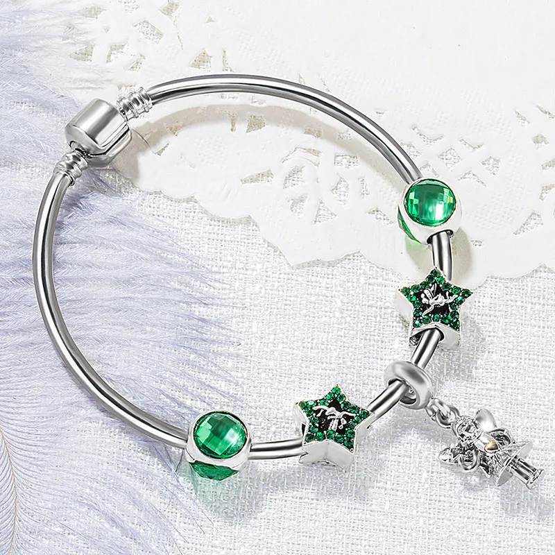 

Fashion Green Crystal Beads Star Angle Pendant Silver Charm Bracelet Bangles for Women Wholesale Jewelry (KB8227), As picture