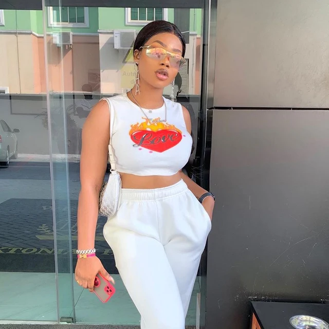 

Fashion Summer Pant Set Wholesale Casual Printed Cute Crew Neck Sleeveless Cropped Top With Solid Pants, White