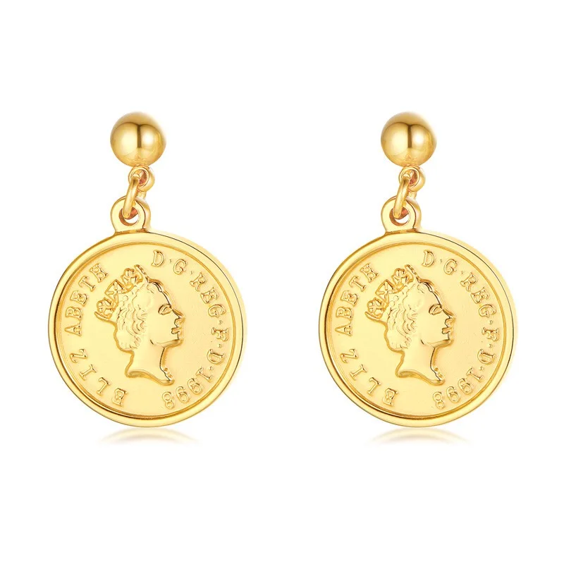 

Fashion Stainless Steel Round Gold Earrings Coin Pendant Hoop Earing