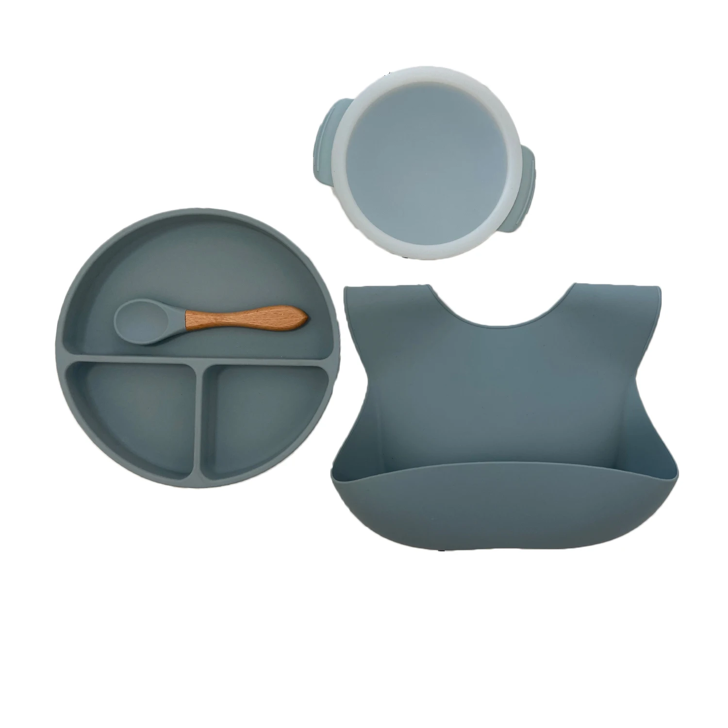 

Factory Price Silicone Feeding Set Baby Bib Suction Plate Baby Bowl with Lid Wooden Spoon, 3 popular colors/custom color