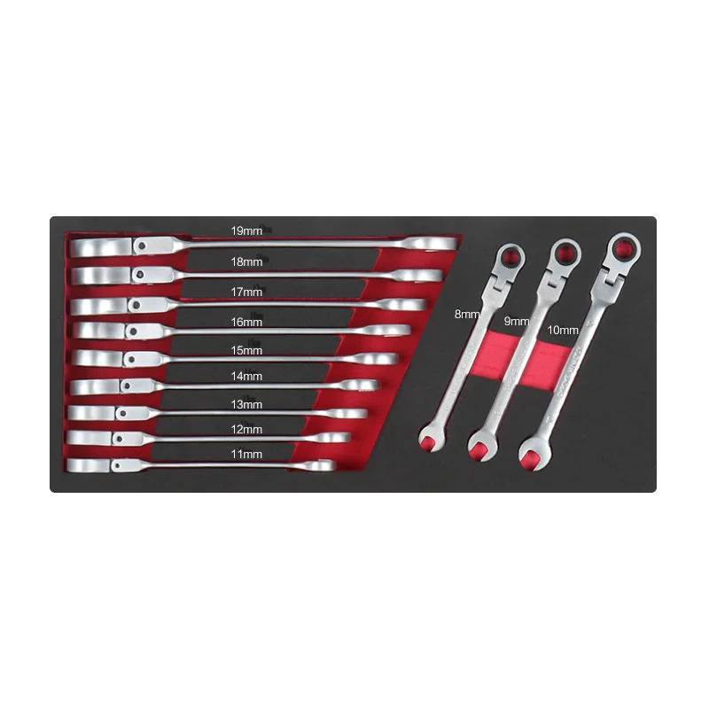 12PCS Flexible Combination Ratchet Wrench Tool Box Set OEM in Red EVA Foam Tray for Garage Tool Trolley Use