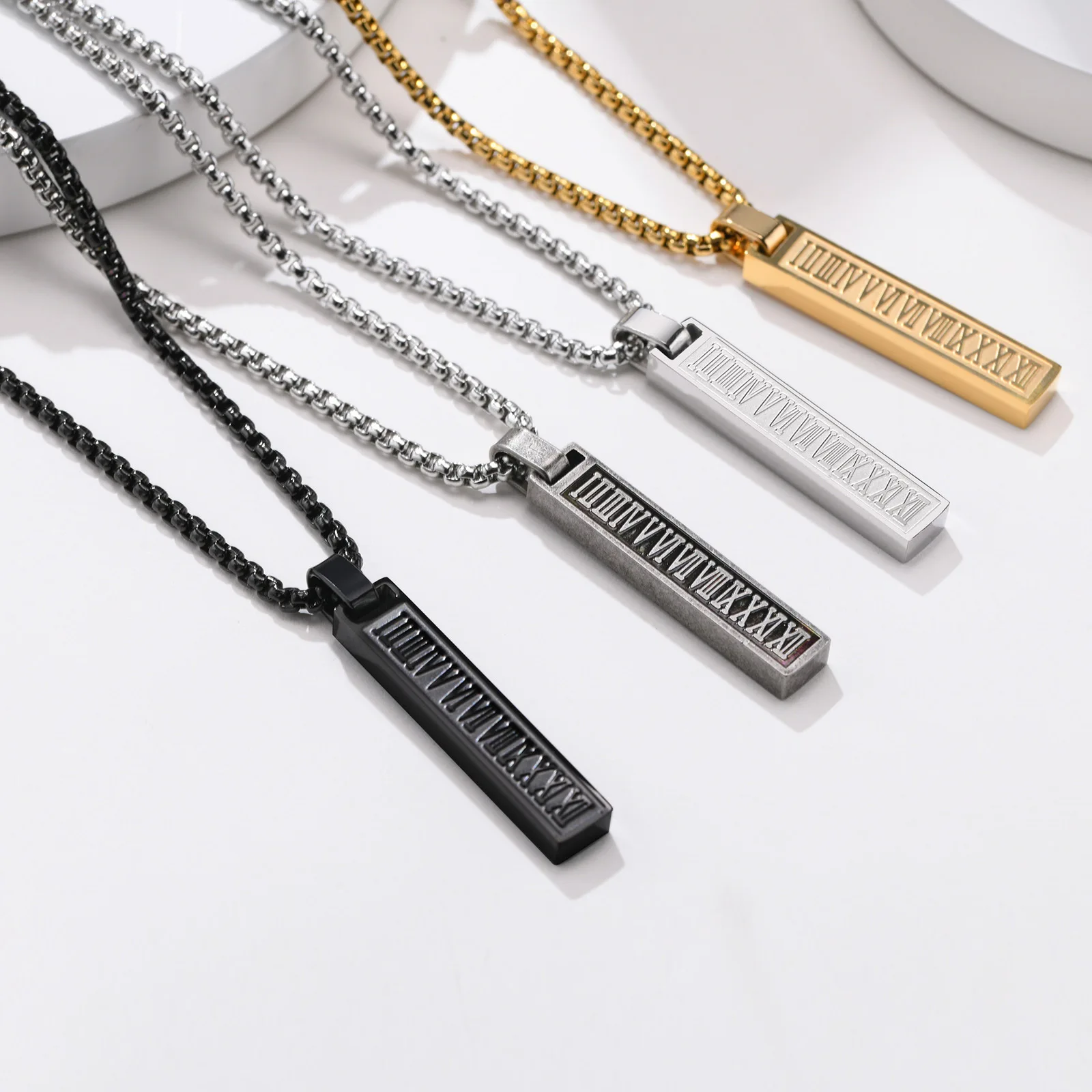 

Unique Design New Fashion Simple Titanium Stainless Steel Strip Geometry Roman Numerals Pendant Necklace Men PN-1490