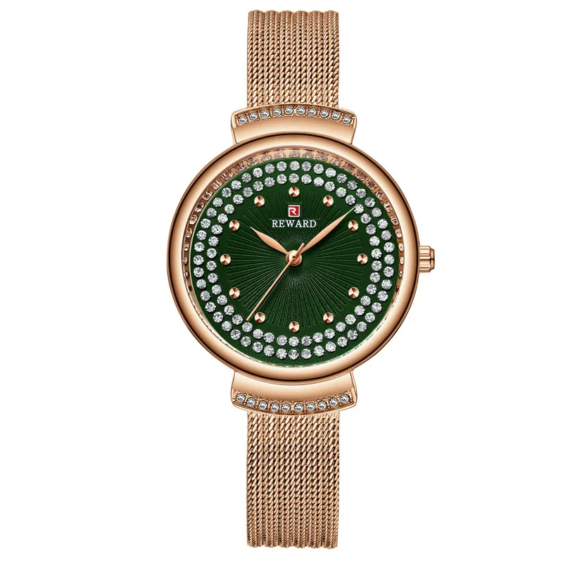

REWARD Brand Women Fashion Wristwatches Luxury Mesh Stainless Belt Strap Charm Crystal Ladies Bracelet Quartz Watch Montre Femme