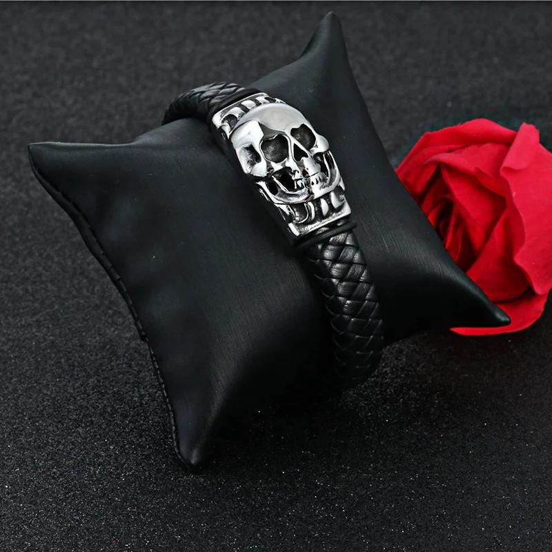 product-Black Braided Leather Bracelet, Male 2020 Fashion Skull Jewelry-BEYALY-img-1
