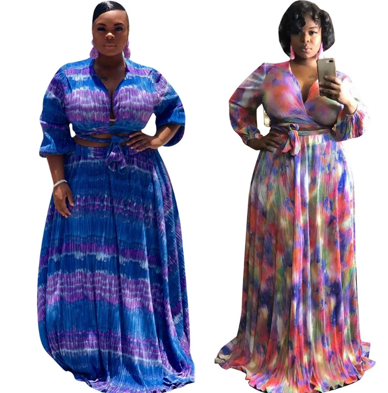 

Amazon Best Sellers Ladies Sexy Tie Print Fashion Skirt Color Long Sleeves Towing Large Two Piece Suit, As picture