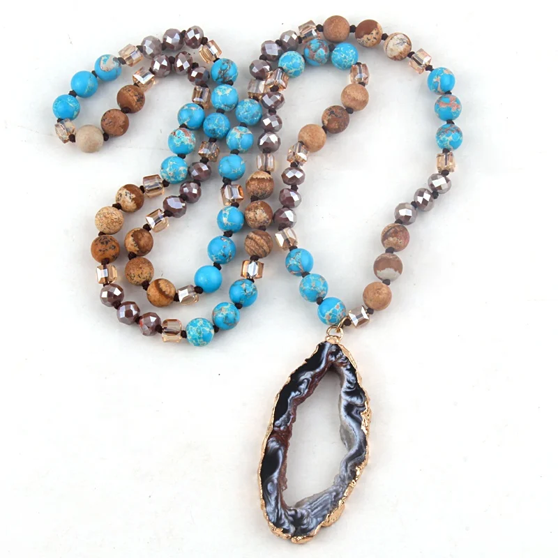 

Tribal Jewelry Brown Crystal Natural Empire Stone Long Knotted Irregular Druzy Stone Pendant Necklace, 7 color