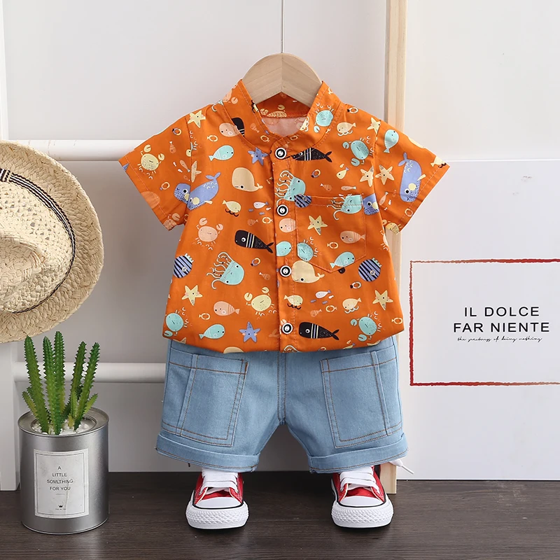 

Boy's orange cartoon short-sleeved Hawaiian style shirt + baggy denim shorts suit for 2020