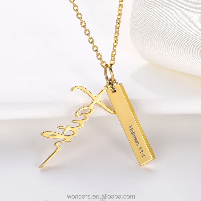 

Faith Necklace 18K Gold Plated Engraved Bar Necklaces Stainless Steel Jewellery For Women Girls Wedding Gift