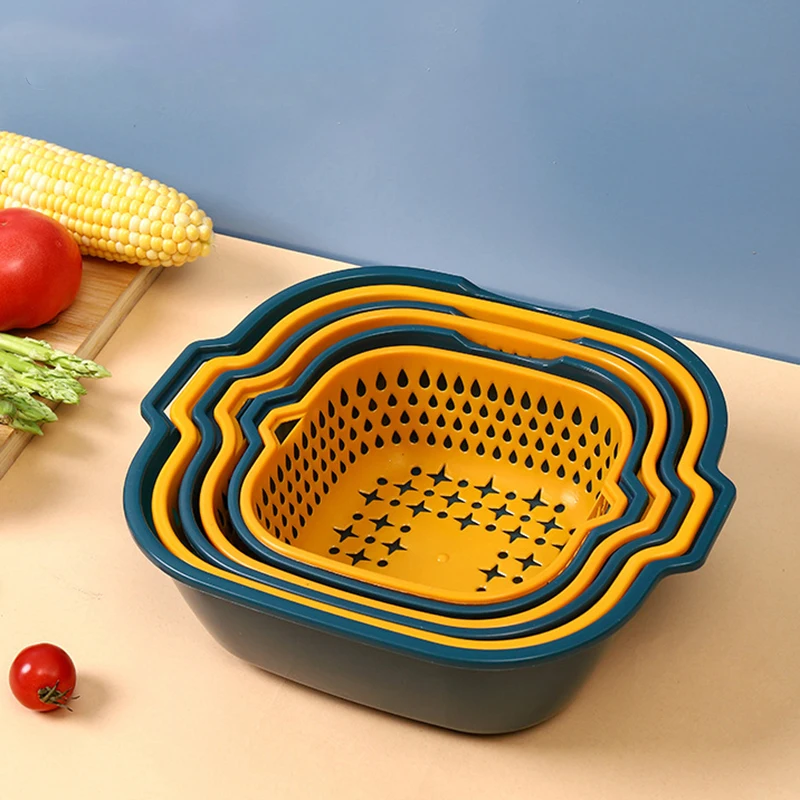 

6-Piece Kitchen Multifunctional Drain Basket For Cleaning,Draining and Storing Fruits and Vegetables Easy to Place Safe Material, Blue yellow/assorted color/dark blue