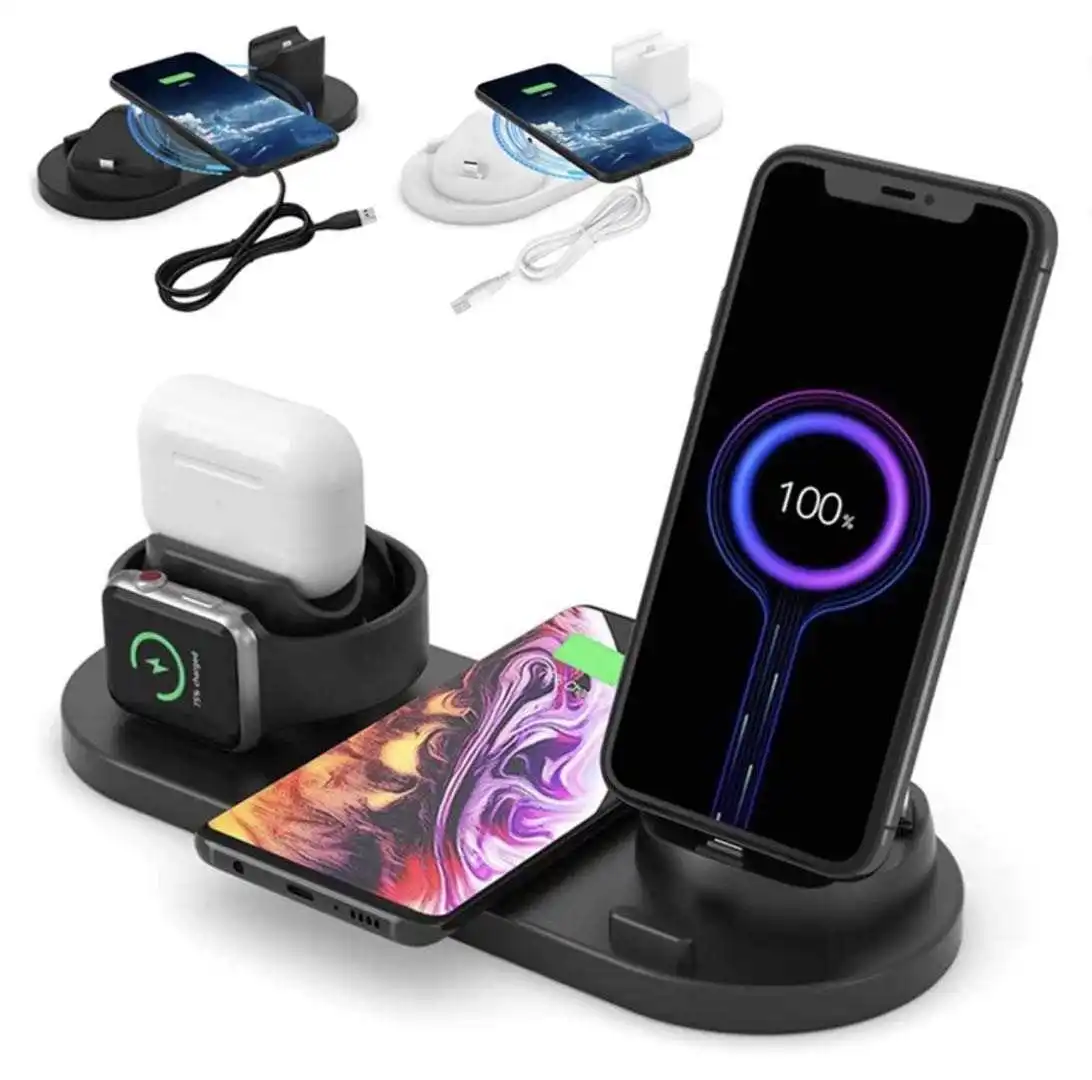 

Hot selling multi function wireless charging stand 6 in 1 charger dock station for smart phone/earbuds/ smart watch, White, black