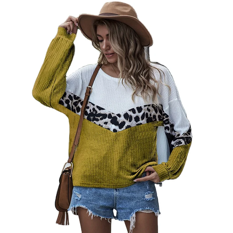 

LH3 2021 Custom New Arrivals Autumn Women's Casual Crewneck Leopard Print Stitching Pullover Long Sleeve Knitted Sweater, Picture shown