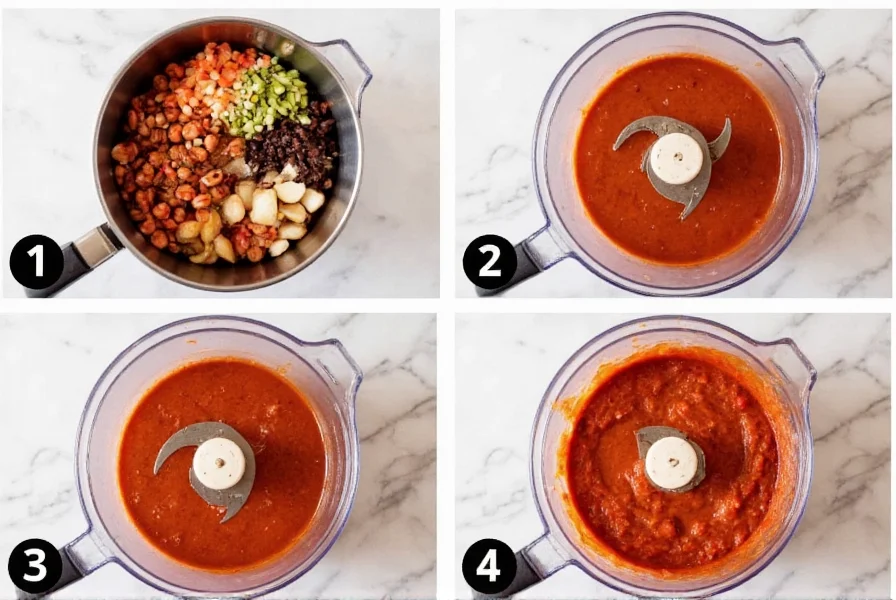 Step-by-step process of making homemade chili paste with fresh ingredients and blending equipment