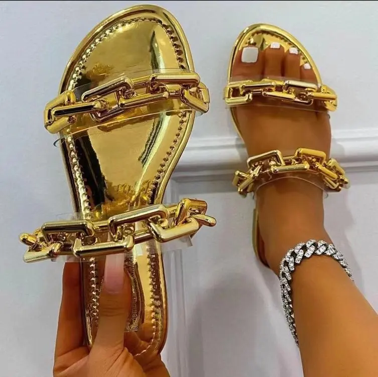 

PDEP 2022Summer New Arrivals Ladies Shiny Gold Slippers Wholesale Round Open Toe T-Strap Sandals For Women