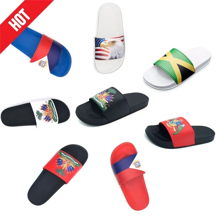 

wholesale Promotion men slippers with country flag, PVC flag summer beach home house Haiti flag slides slippers men, Customized