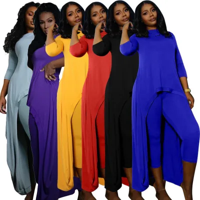 

B14797A 2020 Fall autumn hot fashion lady pure color sexy top + slim pants set