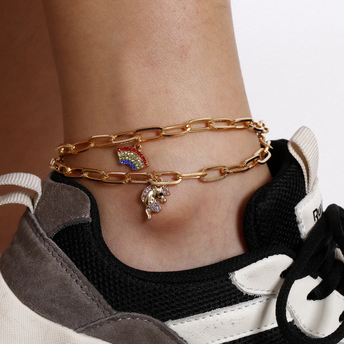 

2pcs European Fashion 18K Gold Chunky Chain Barefoot Chain Bracelet Crystal Rainbow Unicorn Anklet Bracelet