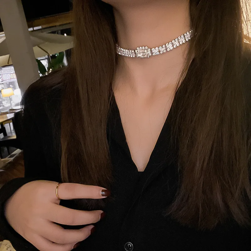 

European Full Square Diamond Zircon Collar Necklace Luxury Party Jewelry Clear Crystal Rhinestone Choker Necklace