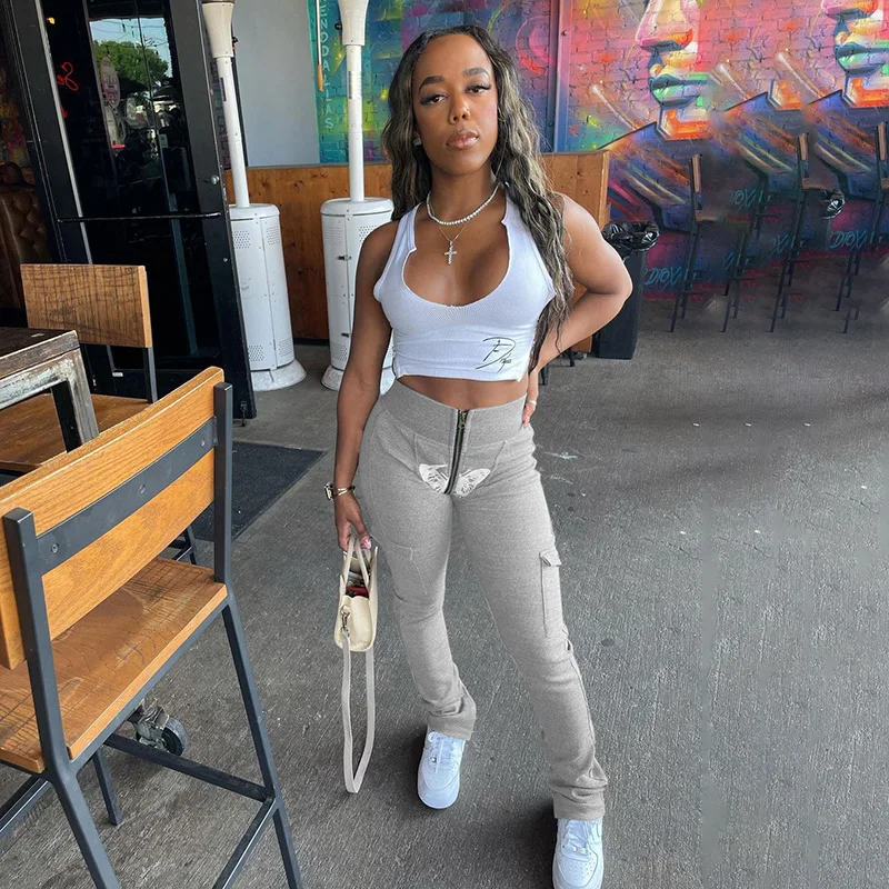 

High Waist Women Street Wear Ribbing Long Trousers Female Lady Butterfly Printing Zipper Long Knitted Flare Pants With Pockets