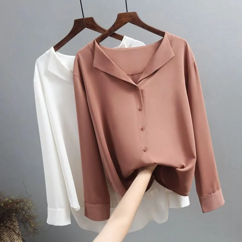 

2021 Spring New Women Chiffon Blouse Office Lady V-neck Button Loose Clothing