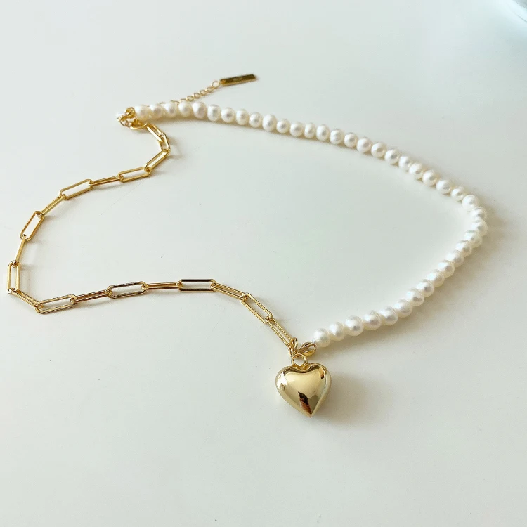 

fashion gold plated 925 sterling silver paperclip chain natural freshwater pearl heart pendant asymmetric necklace