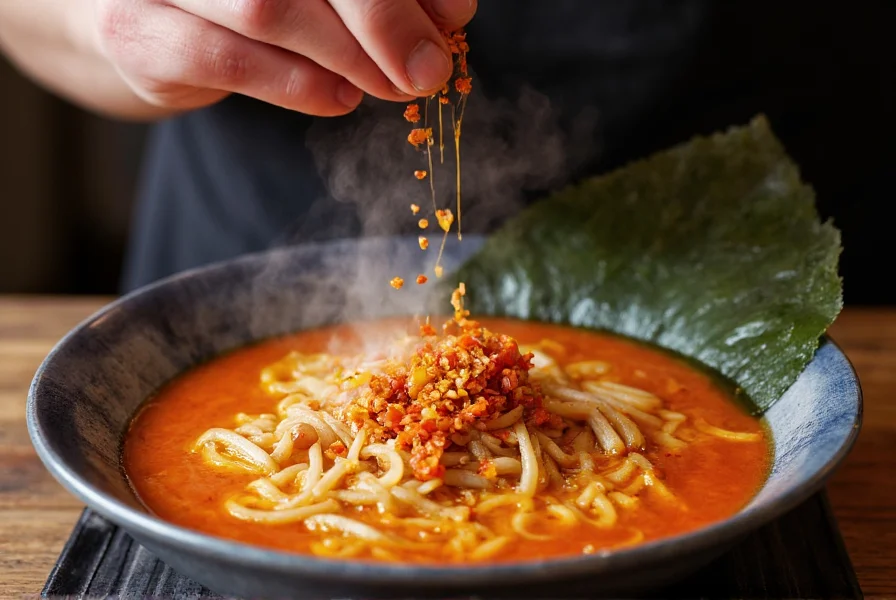 Chef's hand drizzling Mr. Bing chili crisp over a bowl of steaming ramen with visible chili flakes and oil creating a glossy finish