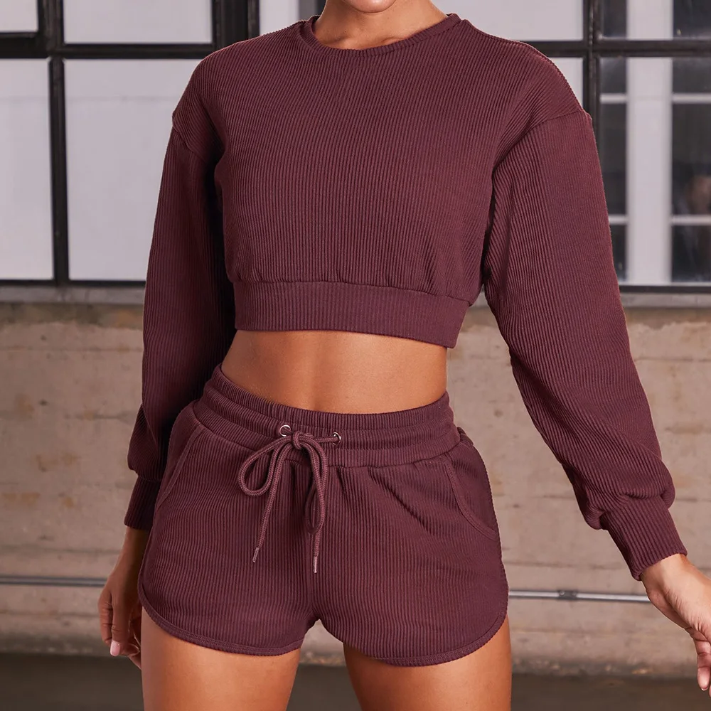 

Plain 2 Piece Cotton Sports Jogging Long Sleeve Shorts Yoga Fitness Set Custom Women's Jogging Set, 6 colors