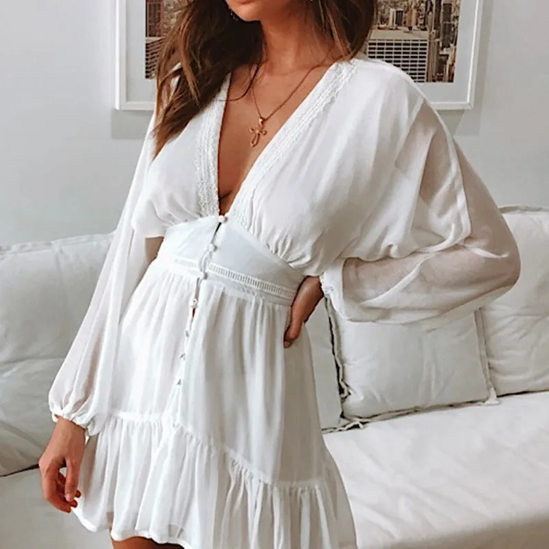 

Sexy V Neck Women's Summer Eegante Vestidos Lace Long Sleeve Mini Wedding Party Dress Ruffle Elegant Clothes 2021, Shown
