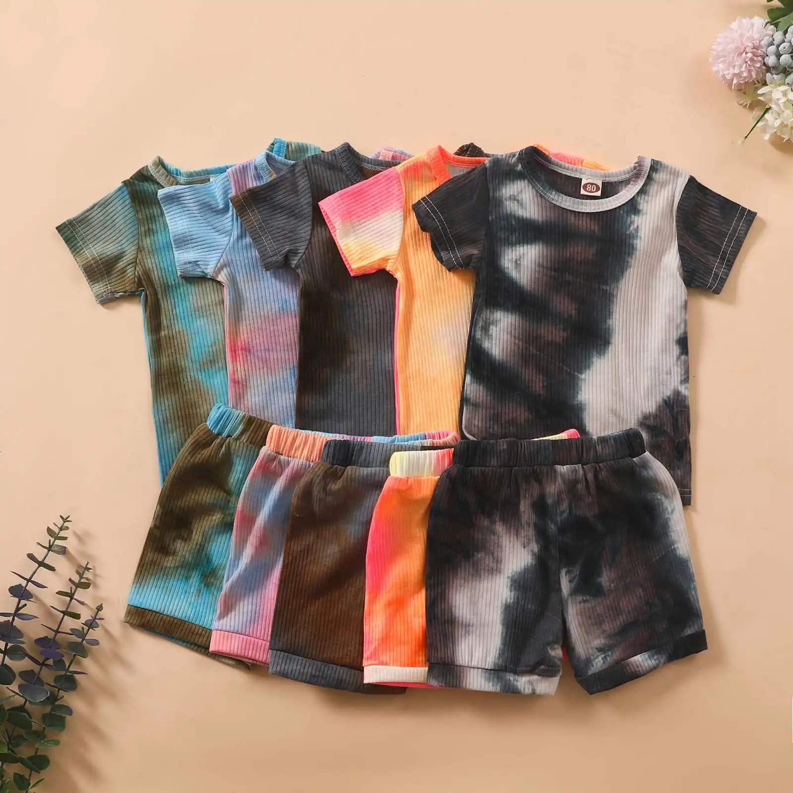 

4557Toddler Baby Boy Girls Clothes sets Tie Dye Ribbed Striped Print T-shirts+Shorts Children Kid Casual Tracksuits Home Outfits