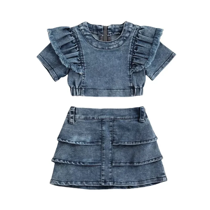 

1-6years Kids Fall Clothes Outfit Back Zipper Denim Clothing Sets Fashion Jeans Skirts Set For Toddler Girl