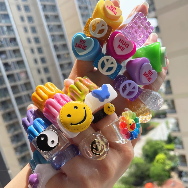 

2021 Trendy Colorful Cartoon Smiley Face Letters Square Chunky Resin Transparent Acrylic Rings for Women Party Jewelry, 15 colors