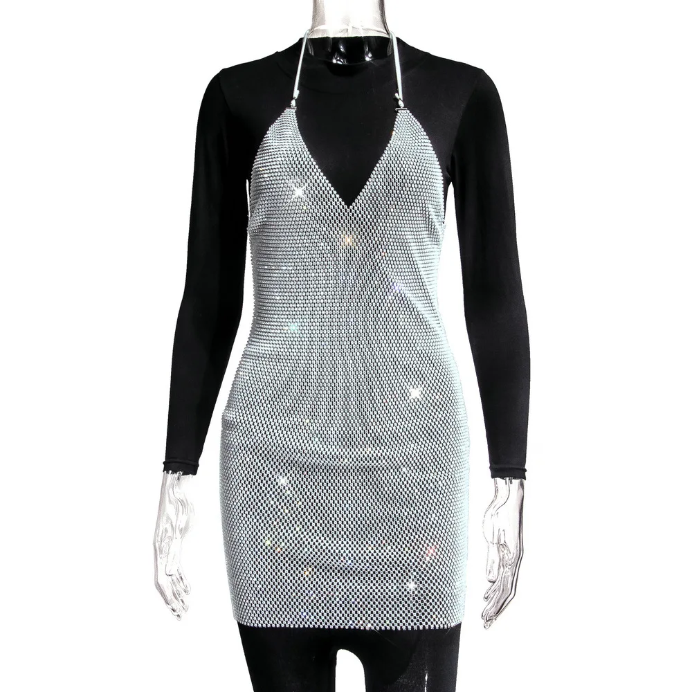 

See Through Mini Dress Halter Bandage Low Neckline Backless Bling Rhinestone Cover Up Vest Party Night Club Hot Mini Dresses
